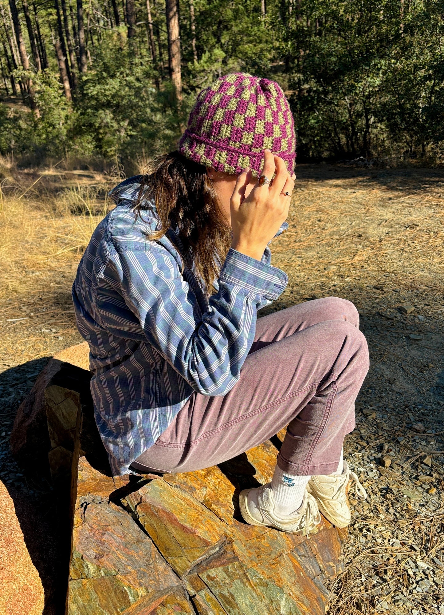 Green & Purple Checkered Beanie